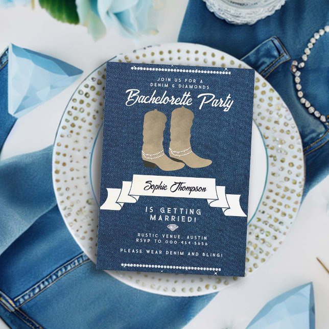Invitación Denim Diamonds Cowgirl Boots Bachelorette Rustica (denim diamonds bachelorette party invitation white cowgirl boots country western rustic classy bling)