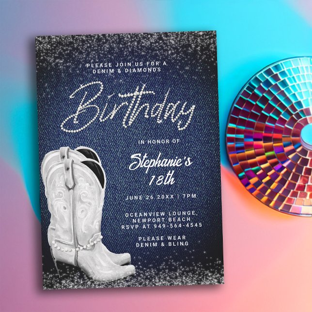 Invitación Denim Diamonds Cowgirl Boots Bling 18 cumpleaños (denim and diamonds 18th birthday invitation women cowgirl boots country western party elegant classy)