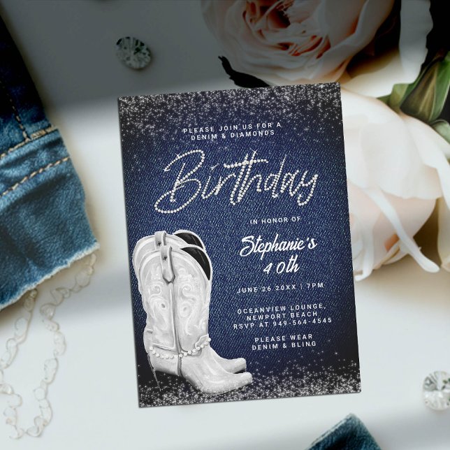 Invitación Denim Diamonds Cowgirl Boots Bling 40 cumpleaños (denim and diamonds 40th birthday invitation women cowgirl boots country western bling rhinestones)