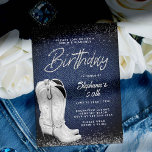 Invitación Denim Diamonds Cowgirl Boots Bling 50 cumpleaños<br><div class="desc">Un país moderno, elegante y moda 50 cumpleaños invitación a las mujeres con un tema de denim y diamantes. Presenta un fondo de denim, un par blanco de palabras de botas de vaquera en pintura acrílica y tipografía en blanco, con la palabra "Cumpleaños" en caligrafía moderna y un efecto diamante...</div>