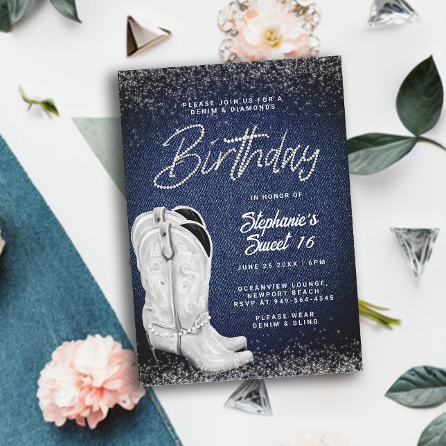 Invitación Denim Diamonds Cowgirl Boots Bling Sweet 16 (denim and diamonds sweet 16 birthday invitation girls cowgirl boots country western party elegant)