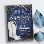 Invitación Denim Diamonds Cowgirl Boots Country 50 cumpleaños<br><div class="desc">Una moderna y rústica, elegante y moda 50 cumpleaños invitación a las mujeres con un tema de denim y diamantes. Presenta un fondo de denim, un par blanco de palabras de botas de vaquera en pintura acrílica y tipografía en blanco, con caligrafía personalizado en la palabra "diamantes" que también tiene...</div>