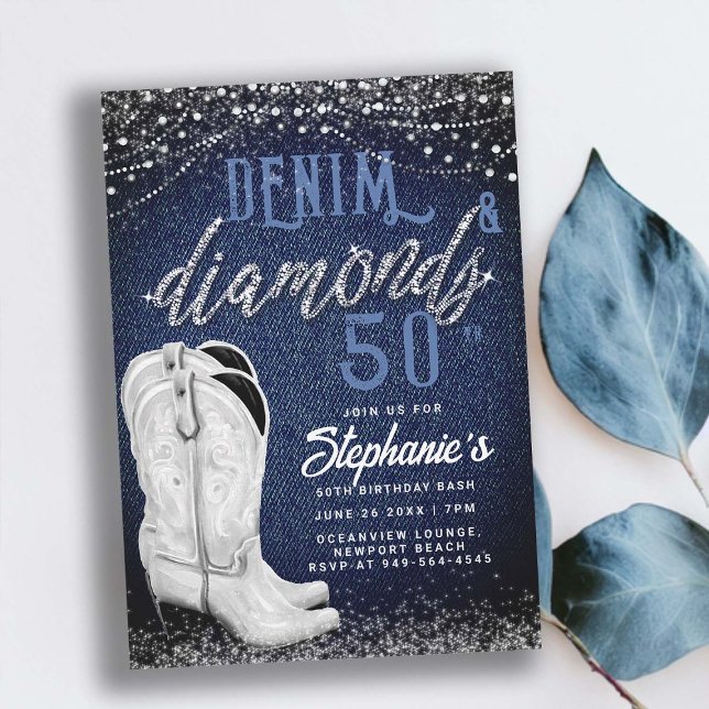 Invitación Denim Diamonds Cowgirl Boots Country 50 cumpleaños (denim and diamonds 50th birthday party for women elegant classy stylish country party cowgirl boots)