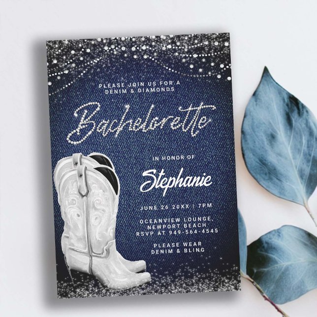 Invitación Denim Diamonds Cowgirl Boots Country Bachelorette (denim and diamonds bachelorette party invitation white cowgirl boots classy ladies night out country)