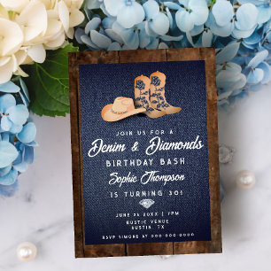 Invitación Denim Diamonds Cowgirl Boots Gorra Fiesta de cumpl