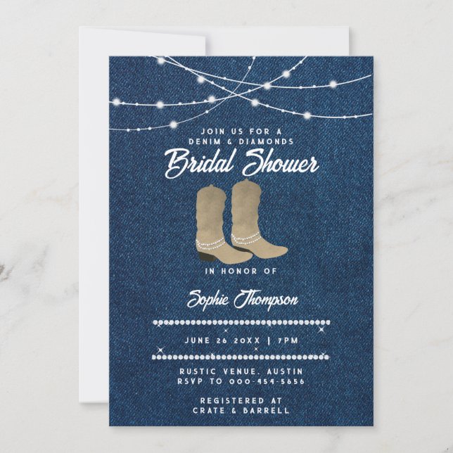 Invitación Denim Diamonds Cowgirl Boots Ilumina ducha de novi (Anverso)