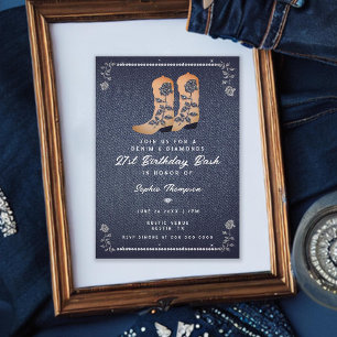 Invitación Denim Diamonds Cowgirl Boots Rosas 21 cumpleaños