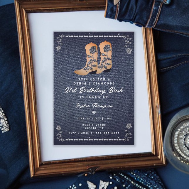 Invitación Denim Diamonds Cowgirl Boots Rosas 21 cumpleaños (denim diamonds 21st birthday invite for girls rustic cowgirl boots roses rhinestones classy elegant)