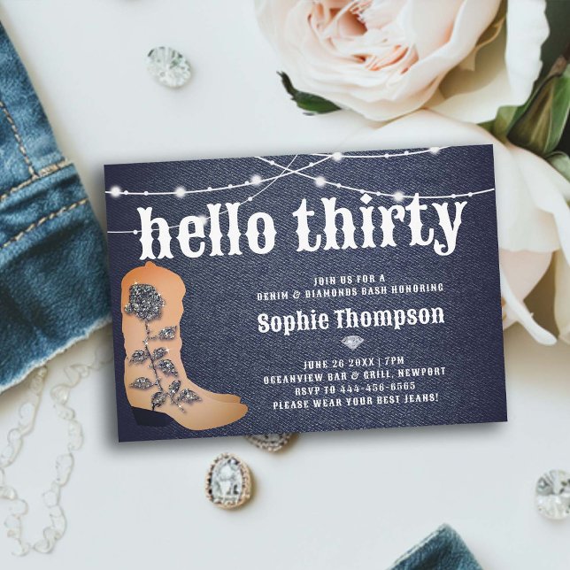 Invitación Denim Diamonds Cowgirl Boots Rosas 30 cumpleaños (denim and diamonds 30th birthday party women cowgirl boots rose bling elegant classy rustic lights)
