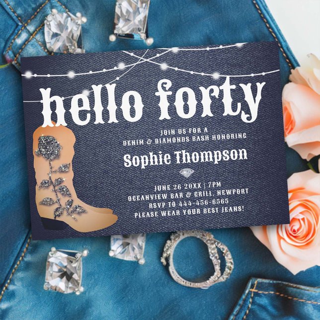 Invitación Denim Diamonds Cowgirl Boots Rosas 40 cumpleaños (denim and diamonds 40th birthday party invitation women elegant country western cowgirl boot rustic )