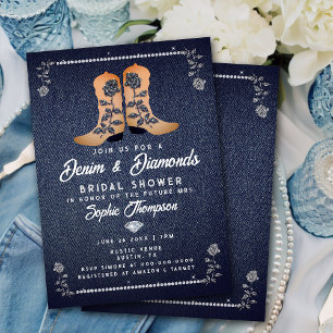 Invitación Denim Diamonds Cowgirl Boots Rosas Ducha de novias