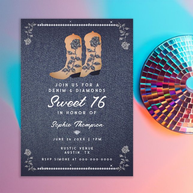 Invitación Denim Diamonds Cowgirl Boots Rosas dulces 16 (denim and diamonds sweet 16 rustic cowgirl boots rhinestones roses frame elegant classy chic girly)