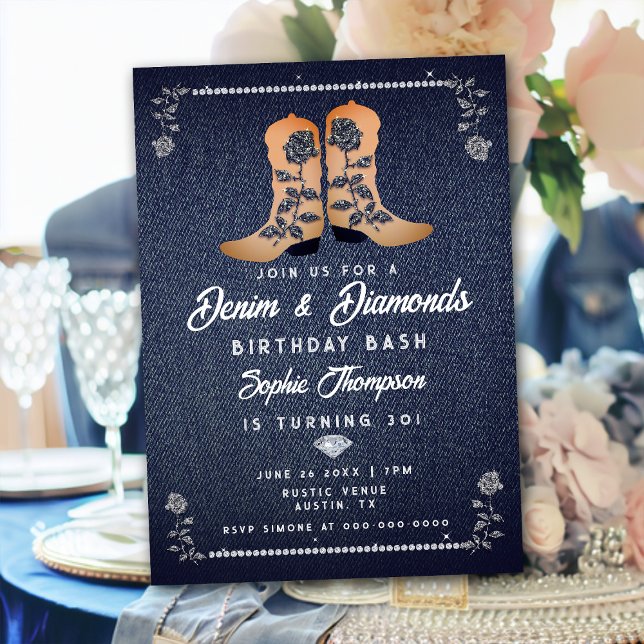 Invitación Denim Diamonds Cowgirl Boots Rosas Fiesta de cumpl (Subido por el creador)