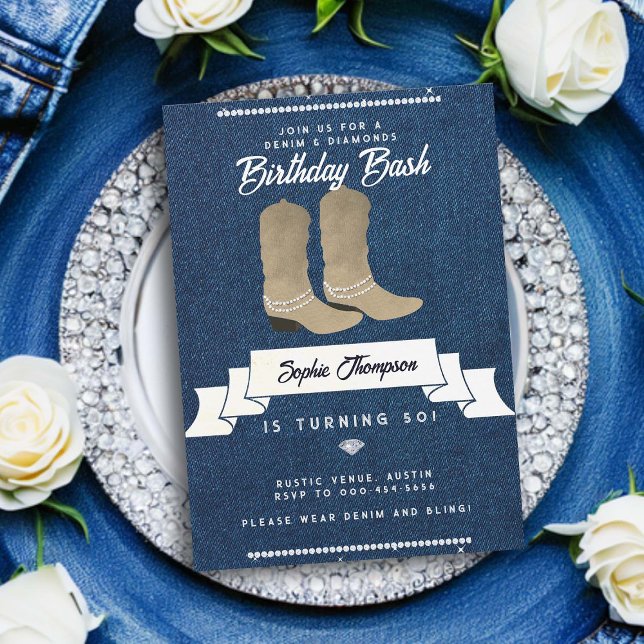 Invitación Denim Diamonds Cowgirl Boots Rustic 50 cumpleaños (denim and diamonds 50th birthday invitation for women elegant classy bling cowgirl boots rustic chic)