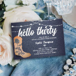 Invitación Denim Diamonds Cowgirl Boots Script 30 cumpleaños<br><div class="desc">Una invitación rústica, moderna, elegante y de moda para la fiesta de cumpleaños con un tema de denim y diamantes. Presenta un fondo de denim, un par de botas de vaquera con un detalle de rosa cubierto en diamantes de imitación (este es un efecto digital), y tipografía de campo occidental...</div>