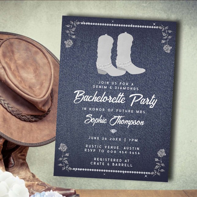Invitación Denim Diamonds Cowgirl Boots Western Bachelorette (denim diamonds bachelorette party invitation country western cowgirl boots classy bling roses chic)