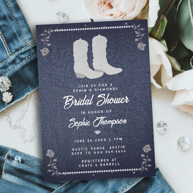 Invitación Denim Diamonds Cowgirl Boots Western Bridal Shower (denim diamonds bridal shower invitation classy rhinestone cowgirl boots roses western country chic)