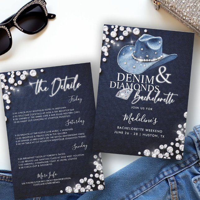 Invitación Denim Diamonds Cowgirl Gorra Bachelorette Itinerar (denim diamonds bachelorette party itinerary invitation cowgirl hat calligraphy modern classy stylish)