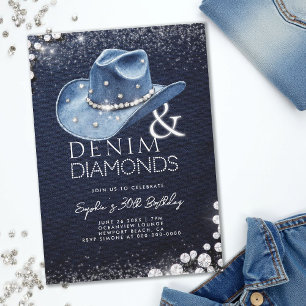 Invitación Denim Diamonds Cowgirl Gorra Bling 30 cumpleaños