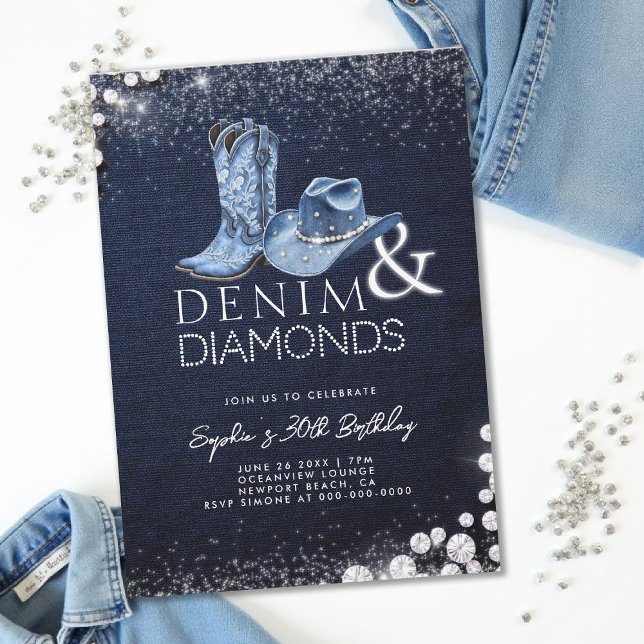 Invitación Denim Diamonds Cowgirl Gorra Boots 30 cumpleaños (denim and diamonds 30th birthday party invitation blue white cowgirl hat boots bling sparkles)