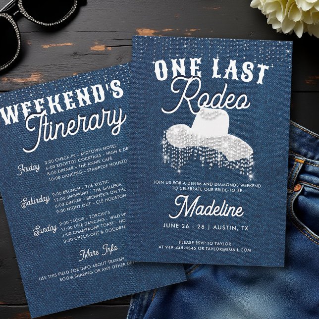 Invitación Denim Diamonds Cowgirl Gorra de último rodeo Bache (denim and diamonds bachelorette party invite last rodeo cowgirl hat white blue rhinestones glam)