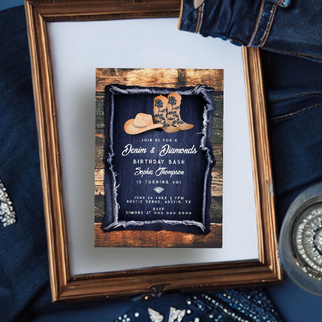 Invitación Denim Diamonds Cowgirl Moda Fiesta de cumpleaños r (denim diamonds birthday party invitation rustic wood blue white cowgirl chic boots hat bling classy)