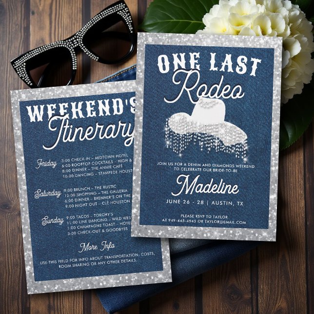 Invitación Denim Diamonds Cowgirl Última Bachelorette de Rode (denim and diamonds bachelorette party invite last rodeo glam bling frame lets go girls classy)