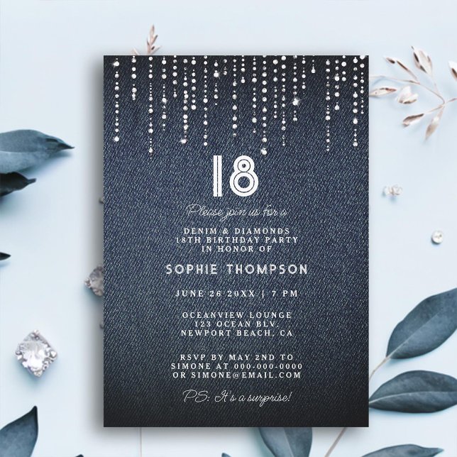 Invitación Denim Diamonds Drippings 18th Birthday Party (denim diamonds drippings glam 18th birthday party invitation for women modern classy simple luxury)