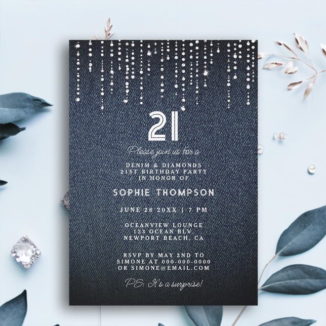Invitación Denim Diamonds Drippings 21ª Fiesta de cumpleaños (denim diamonds 21st birthday party invitation for women modern simple glam elegant classy drippings)
