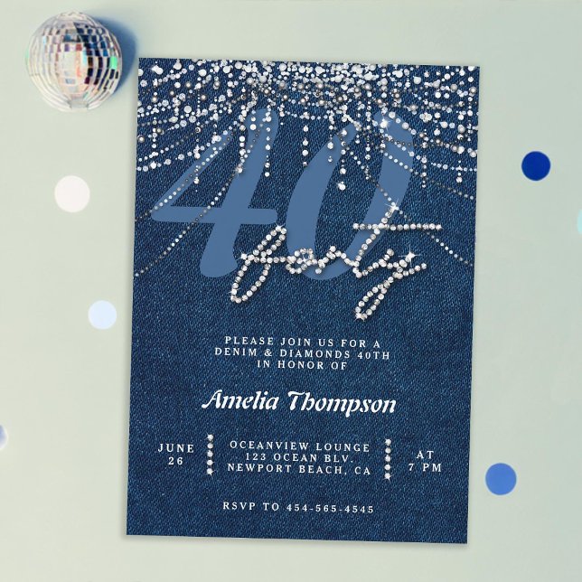 Invitación Denim Diamonds Drips Curtain 40th Birthday Fiesta (denim diamonds 40th birthday invitation for women elegant classy rhinestones modern denim glitter)