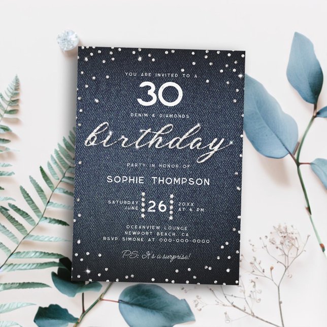 Invitación Denim Diamonds Elegant Bling 30th Birthday Fiesta (denim diamonds thirty birthday invitation women elegant rustic modern boho classy bling script)