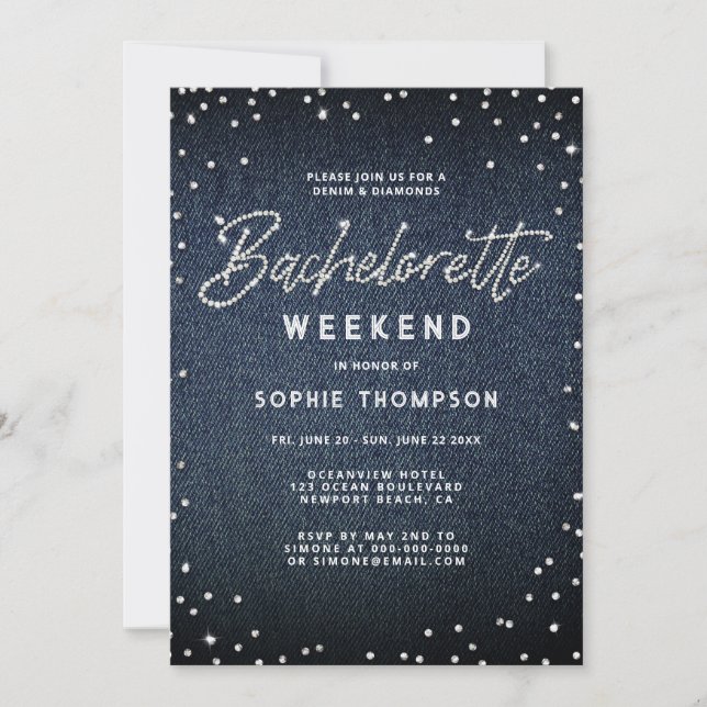 Invitación Denim Diamonds Elegant Classy Bachelorette Weekend (Anverso)