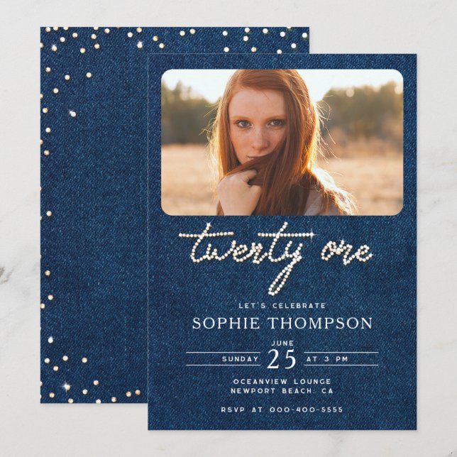 Invitación Denim Diamonds Elegant Modern 21st Birthday Photo (Anverso / Reverso)
