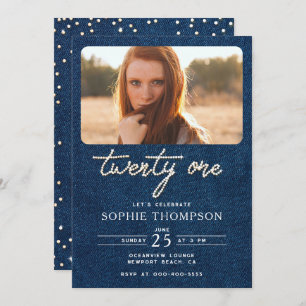 Invitación Denim Diamonds Elegant Modern 21st Birthday Photo