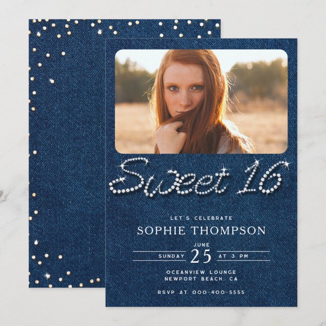 Invitación Denim Diamonds Elegant Modern Blue Sweet 16 Foto (Anverso / Reverso)