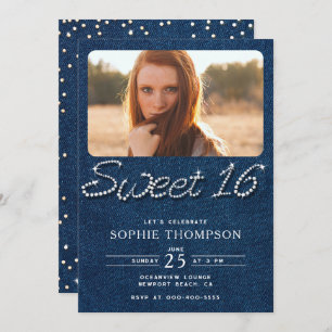 Invitación Denim Diamonds Elegant Modern Blue Sweet 16 Foto