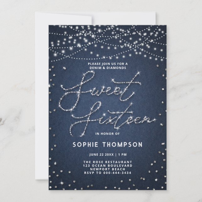 Invitación Denim Diamonds Elegant Purpurina Jeans Blue Sweet  (Anverso)