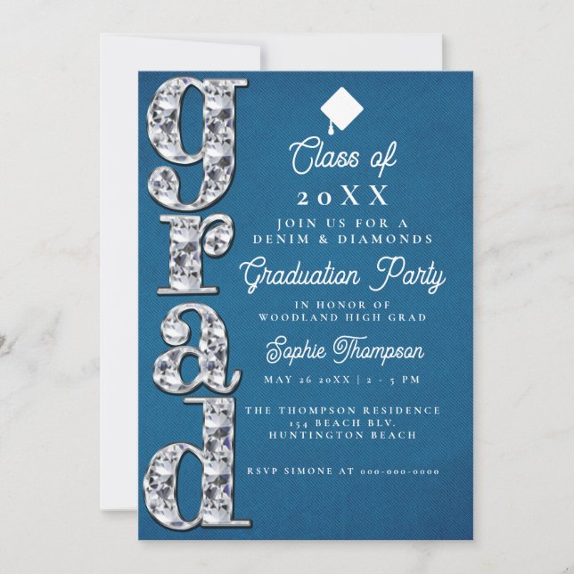 Invitación Denim Diamonds Elegant Script Graduation Party (Anverso)