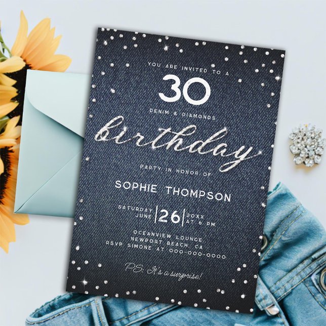 Invitación Denim Diamonds Elegante Fiesta de 30 años (denim diamonds 30th birthday party women elegant rustic boho rhinestones glitter chic modern classy)