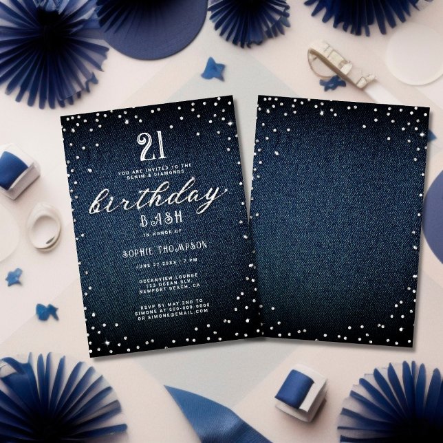 Invitación Denim Diamonds elegante Fiesta de cumpleaños 21 Rú (Subido por el creador)