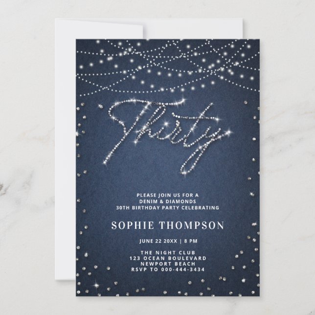 Invitación Denim Diamonds Elegante Purpurina Azul 30 cumpleañ (Anverso)