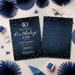 Invitación Denim Diamonds Elegante Rústico 40 Fiesta de cumpl<br><div class="desc">Un sencillo, moderno, elegante y de moda plantilla de invitación a la fiesta de cumpleaños con un fondo de denim azul, la palabra BIRTHDAY cubierta con diamantes blancos (diamantes simulados, no reales) y en escritura moderna de caligrafía, y tipografía rústica en blanco. ¡Un diseño de moda "denim and diamante" para...</div>