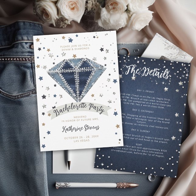 Invitación Denim Diamonds Fun Bachelorette Party Itinerary (denim and diamonds bachelorette party itinerary invitation template elegant classy modern chic white)