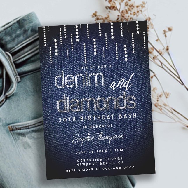 Invitación Denim Diamonds Glam Drip Moda 30 cumpleaños (denim and diamonds 30th birthday invitation for women glitter drips elegant classy modern glam chic)