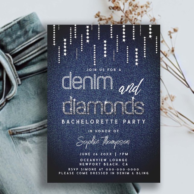 Invitación Denim Diamonds Glam Drip Moda clásica Bachelorette (denim and diamonds bachelorette party glam glitter drippings ladies night out country party classy)