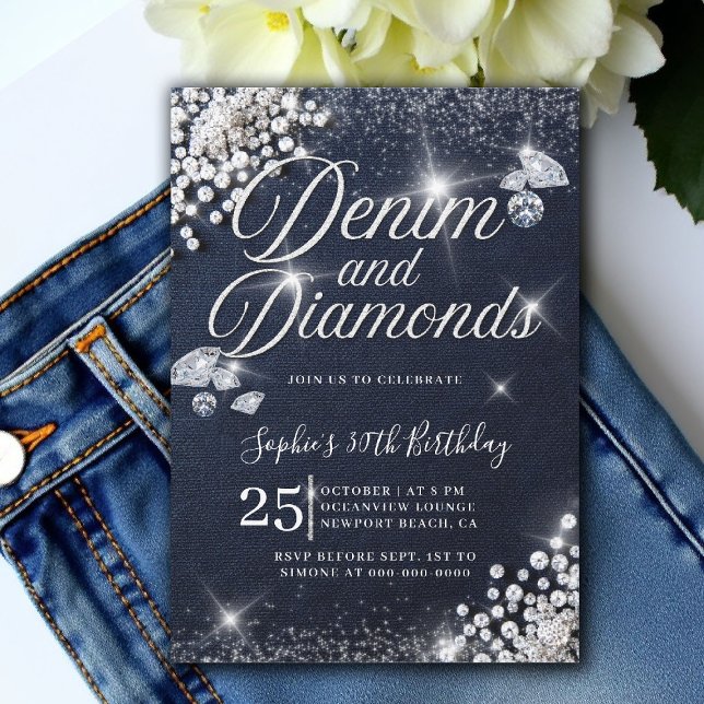 Invitación Denim Diamonds Glam Script Clásico 30 cumpleaños (denim and diamonds 30th birthday party invite glam script glitz bling sparkle blue white)