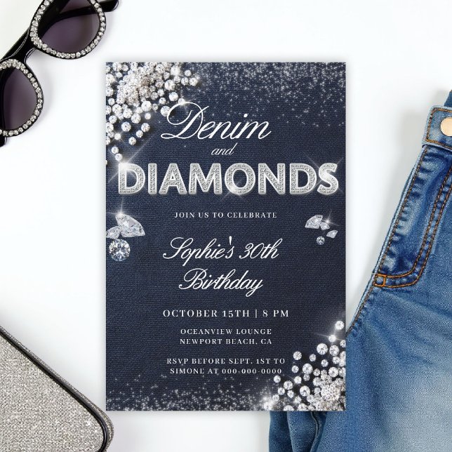 Invitación Denim Diamonds Glam Tipo Clásico 30 cumpleaños (denim and diamonds 30th birthday invite glam text bling sparkle blue white)