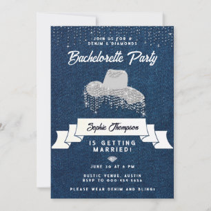 Invitación Denim Diamonds Gorra de vaca Bachelorette Diamante