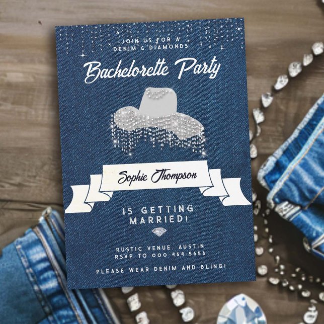 Invitación Denim Diamonds Gorra de vaca Bachelorette Diamante (denim and diamonds bachelorette party elegant classy stylish rhinestones cowgirl hat)
