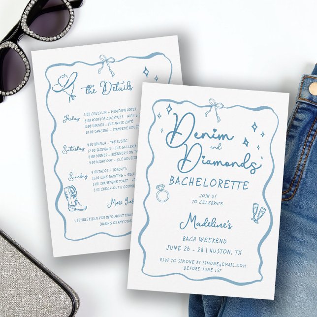 Invitación Denim Diamonds Hand Writing Bachelorette Itinerary (denim diamonds bachelorette itinerary invitation hand written drawn cowgirl frame bow blue white)